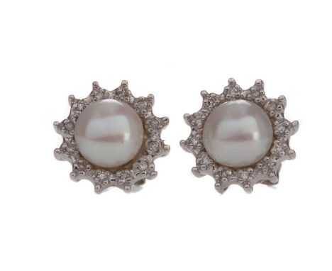 PAIR OF PEARL AND DIAMOND EARRINGS,the pearls within sunburst diamond halos, in nine carat white gold, 2.6g