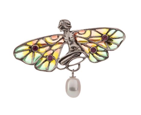 PLIQUE A JOUR BROOCH,in the form of a female figure with outstretched wings, with bezel set rubies and suspended pearl, in si