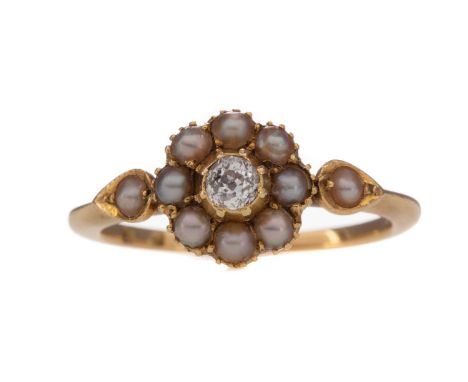 PEARL AND DIAMOND RING,set with an old cut diamond of approximately 0.10 carats, bordered by seed pearls, indistinctly marked