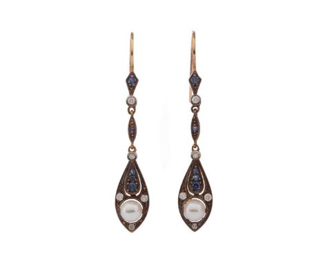 PAIR OF SAPPHIRE, PEARL AND DIAMOND EARRINGS,set with round sapphires and diamonds and spherical pearls, 50mm long, unmarked,