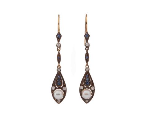 PAIR OF SAPPHIRE, PEARL AND DIAMOND EARRINGS,set with round sapphires and diamonds and spherical pearls, 50mm long, unmarked,