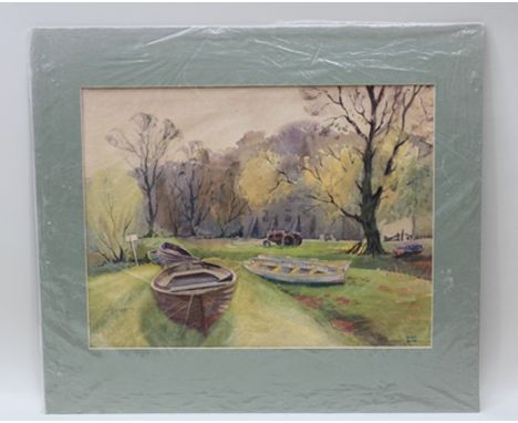 DAVID BYRNE "Row boats and tractor" Watercolour, 36cm x 47cm, mounted but un-framed 