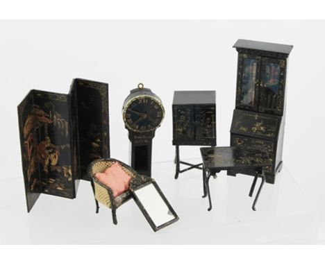 A COLLECTION OF EARLY 20TH CENTURY BLACK PAINTED GILDED CHINOISERIE DOLL'S HOUSE FURNITURE, includes bureau/bookcase with boo