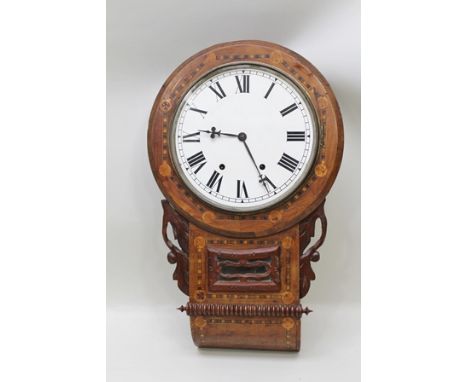 A 19TH CENTURY DROP DIAL WALL CLOCK, having Tunbridge inlaid case, having eight day movement, the dial with Roman numerals, 2
