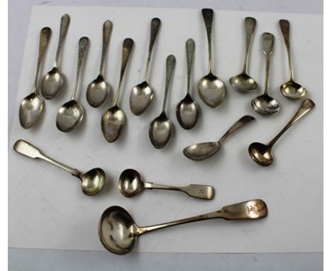 A MIXED LOT comprising; sixteen assorted bright cut "Old English" and "Fiddle" pattern coffee and salt spoons, and a Scottish