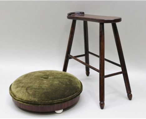 A VICTORIAN CIRCULAR FOOTSTOOL raised on ceramic bun feet, 30cm diameter, together with a SHOE SHINE STOOL 