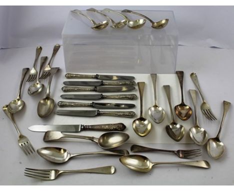 A SELECTION OF SILVER FLATWARE, comprising ten "Old English" tablespoons, Georgian and Victorian, four "Fiddle" pattern ladle