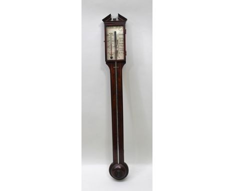 NICHOLAS WALFORD OF AYLESTONE A GEORGIAN DESIGN MAHOGANY CASED STICK BAROMETER, having architectural pediment, 96cm high 