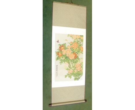 HONG JUN AISIN CIORO A modern Chinese scroll painting portraying people with notes in script of the name of the flower, in pr