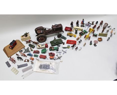 A COLLECTION OF BRITAINS FARM ANIMALS AND VARIOUS AGRICULTURAL DIE-CAST MODELS to include; a Dinky tank and coach, tin-plate 
