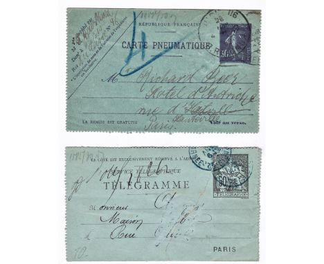 France 1895-1909 - pre paid Michel RK8 Paris telegramme post cards cancelled Jan 1895 on 50c black postage card has been torn