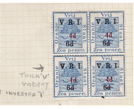 South Africa/Orange Free State 1902 V. R. I. Overprint 4d on 6d on 6d block of 4 mounted mint with variety 'thick V and inver