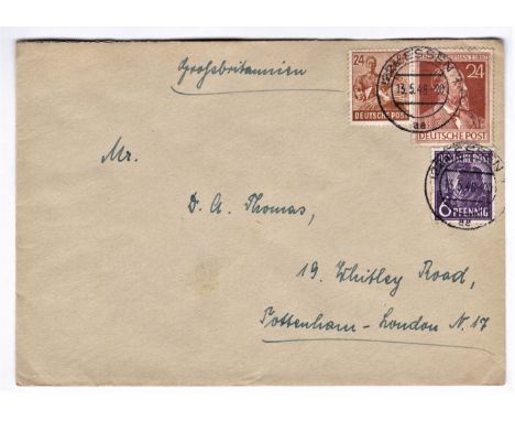 Germany 1948 (13/5) envelope Essen to London; bears 6pf and 24pf in combination with 1947 Dr. Van Stephen (UPU) 24pf. Nice Co