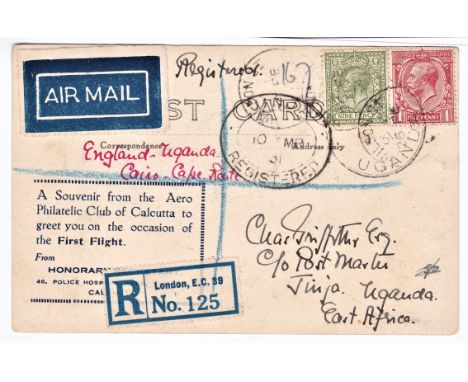 Aviation 1931-First Flight, registered postcard England-Uganda-Cairo-Cape Route, issued by the Aero Philatelic Club of Calcut