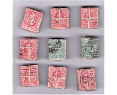 Great Britain KG VII 1/2 (2)1d (7) vintage cotton wrapper bundles of 100 approxunsorted for varaties, postmarks., perfinsicl 