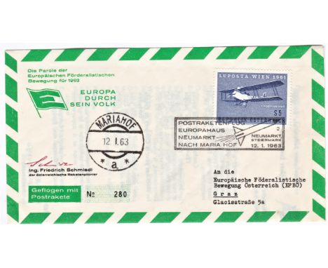 Space + Rocket Mail-Airmail envelope with the emblem and slogan of the European Federalit Movement 1963, Europe through it's 