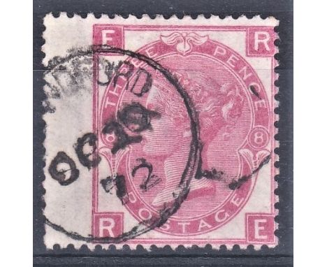 Great Britain 1867-1880 - 3d rose PL8, R-E SG103 PL8-V.F.V 10/10/72, CDS