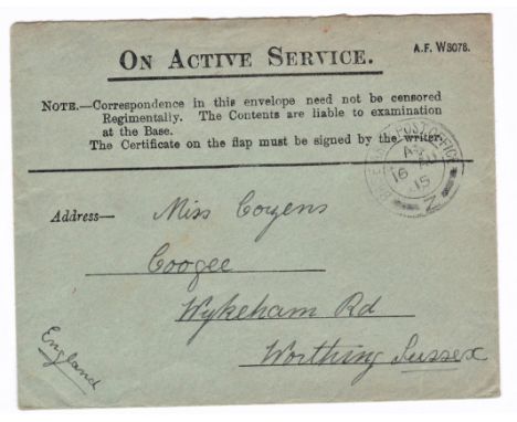 Great Britain 1915 - Army Active Services envelope A.F.W3078 posted to Worthing cancelled 16.8.1915 Base Army Post Office Z, 