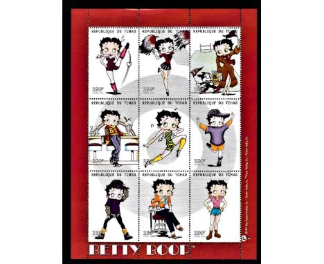 Chad 2000-Betty Boop' sheet of 9 u/m 250f stamps and two miniature sheets 1500F and 2000F u/m Scott 856-858