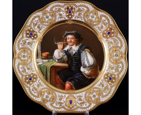 Ambrosius Lamm Dresden Prunkteller Der Raucher nach Frans I van Mieris, splendor plate with portrait painting,Porzellan, Ambr