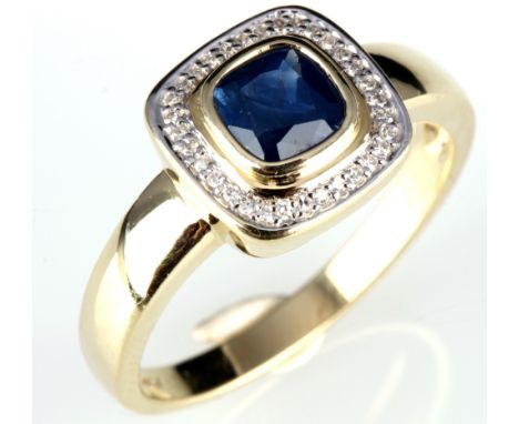 585 Gold Saphirring mit Diamanten, 14K gold sapphire ring with diamonds,GG 585/000 Gelbgold, gestempelt 585 + Firmenstempel, 