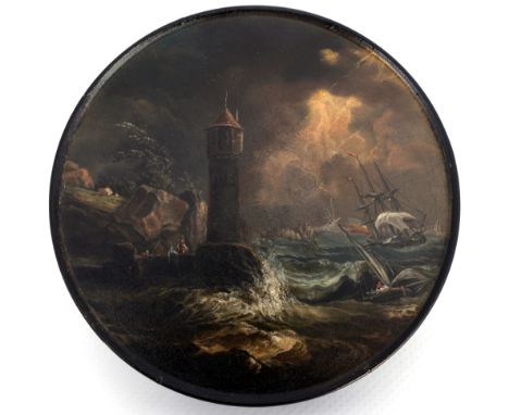 Stobwasser Lackdose mit rauer Küstenlandschaft nach Claude Joseph Vernet, lacquer box with rough seascape,Papiermaché, schwar