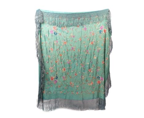 Clarice Cliff memorabilia: An Art Deco Chinese silk piano shawl, the teal blue silk ground embroidered with scrolling flowers