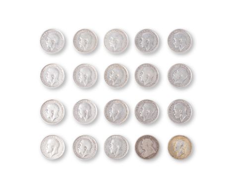 A collection of pre-1920 sterling silver shillings (20 coins), 112.2g.