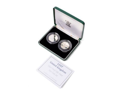 The Royal Mint 1997 Silver Proof Fifty Pence Two-Coin Set, weighing 13.5g and 8g in sterling silver.