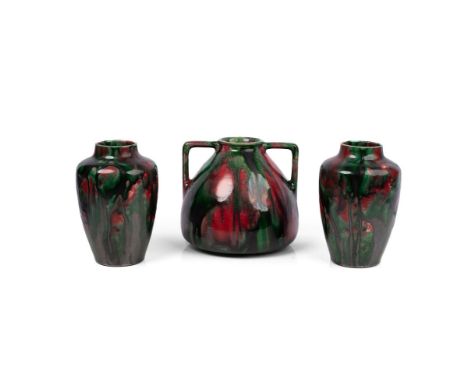 Minton Hollins Astra Ware vases to include a two handled amphora vase with a pair of high-shouldered vases, 20cm tall (3).  I