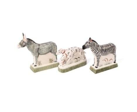 Rye Pottery animal figures to include a pair of Dalmatians, a Donkey and a Zebra (3), largest 17cm wide.  In good condition w