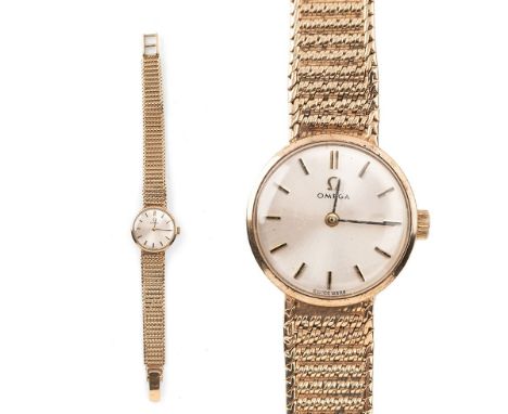 A lady's vintage Omega 9ct gold cocktail watch, the signed dial with baton numerals, on 9ct gold woven strap, total weight 19