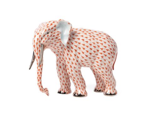 Herend Pottery (Hungary) model of a Elephant, red fishnet decoration, 15.5cm tall.  Displays well, missing half of right hand