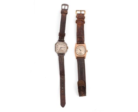 A vintage 9ct gold wrist watch, together with a silver example. (2)  Watches a/f with inscriptions to case backs.