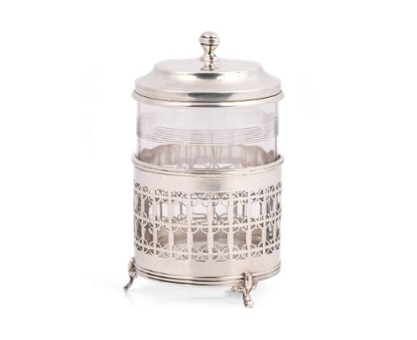 Silver and glass preserve pot, Birmingham 1942, F &amp; S, 93.1g of silver, 12cm tall.  Generally good, some surface wear and