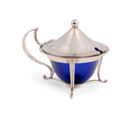 Unusual silver mustard pot with blue glass liner, Birmingham 1901, WHL, 45.6g of silver.