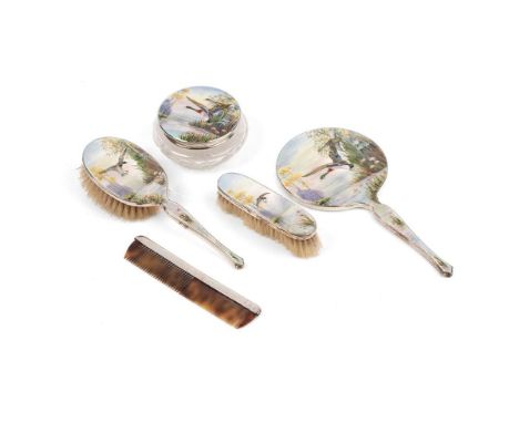 An Elizabeth II silver and enamel dressing table set, maker Henry Clifford Davis, Birmingham, 1956, to include a hand mirror,