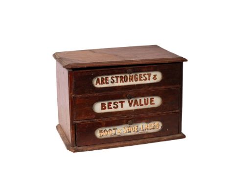 Advertising shop counter top set of drawers with painted glass display windows "ARE STRONGEST &amp; BEST VALUE BOOT &amp; SHO