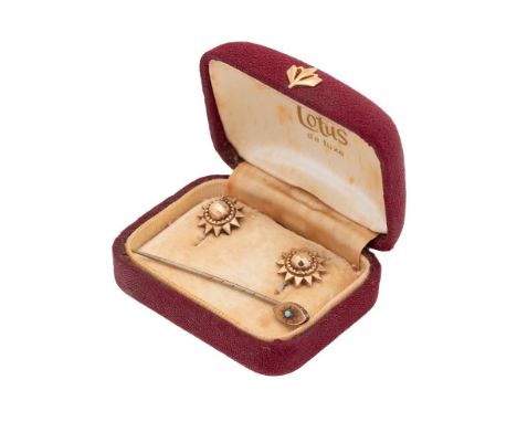 A pair of 9ct gold earrings in the Byzantine or Etruscan Revival style, total weight 1.9g with butterfly backs, and a stock o