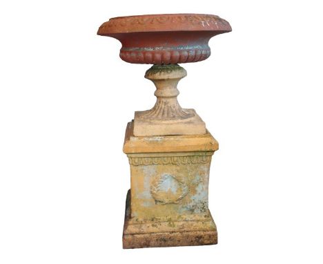 A mid century reconstituted stone garden urn, 92cm tall, 54cm diameter. In three parts, for collection only.