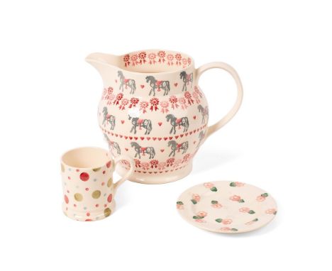 Emma Bridgewater to include a 'Pony &amp; Rosette' 6 pint jug, a sample half pint mug and a sample pink pansy 6.5'' plate (3)