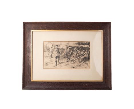 WWI battle scene print / etching depicting officer and artillery troop loading canon, signed R.W. Folly 1915, framed and glaz