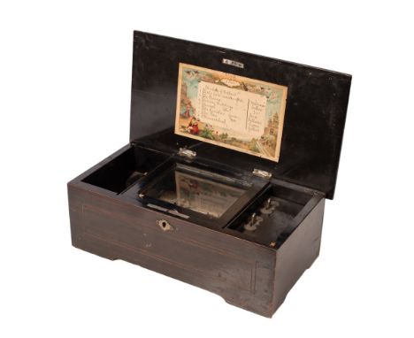 A 19th Century 'Lith Picard Lion Geneve' Swiss music wooden box, contains 8 airs, listed on tune sheet under the lid, inlaid 