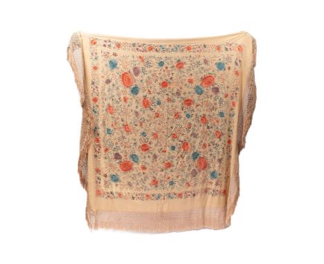Clarice Cliff memorabilia: An Art Deco Chinese silk piano shawl, the cream silk ground embroidered with flowers, buds, butter