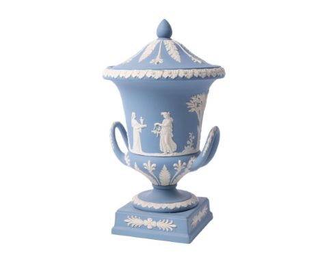 Wedgwood Blue Jasperware two handled urn with lid, classical scenes, 29cm tall.  In good condition with no obvious damage or 