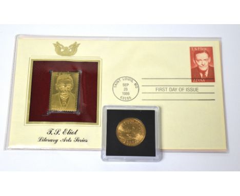 A T S Eliot Literary Arts series 1986 first day cover with authorised gold stamp replica and a 2000 one dollar coin (2).