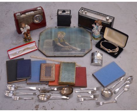 A collectors' lot comprising silver plated flatware, costume jewellery, a 19th century copy of Tennyson's poems and further r