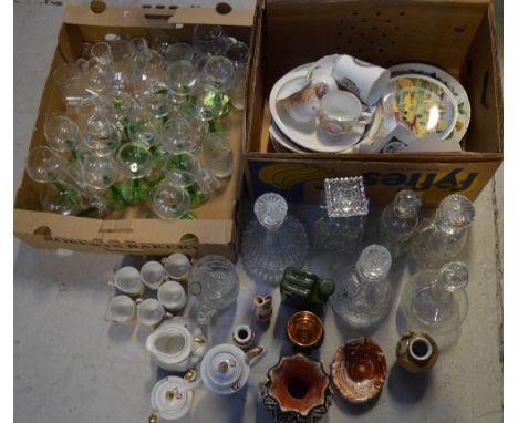A quantity of decorative glassware and ceramics to include decanters, drinking glasses, bird themed collectors plates, a Japa