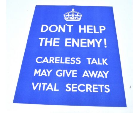 'Don't help the enemy! Careless talk may give away vital secrets', a Ministry of Information poster circa 1939, white text ag