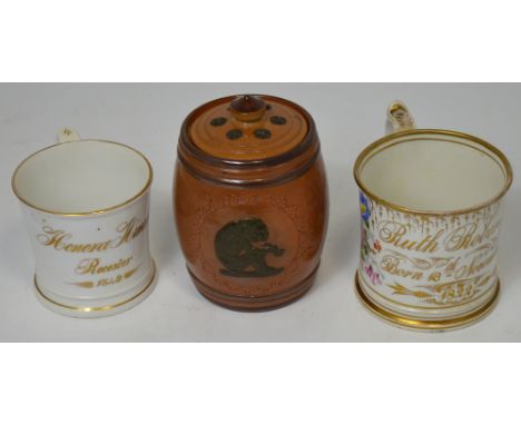 A Royal Doulton stoneware barrel form tobacco jar with cover, decorated with relief detail, height approx 14cm and two 19th c